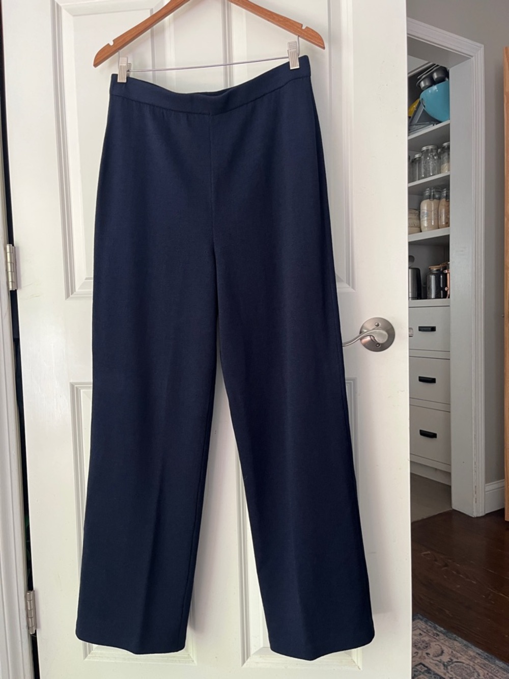 ST. JOHN Collection Santana Knit Wide Leg Pants Navy Blue Sz 12 pull on